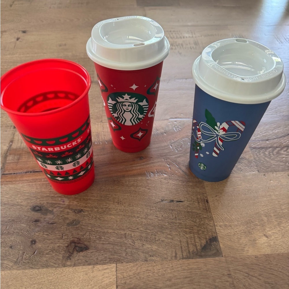 Starbucks Festive reusable plastic holidays Cup Trio - Red and Blue